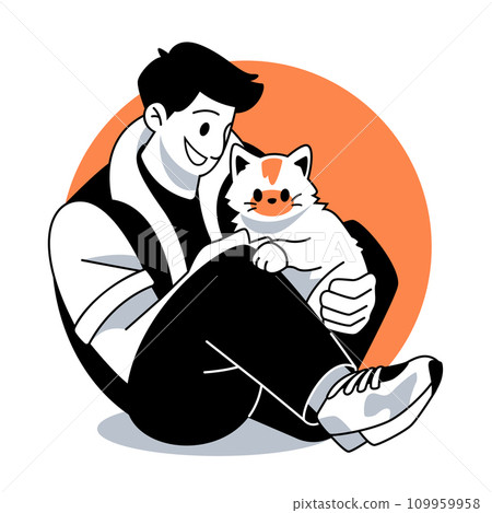 Man sitting holding a cat Vector illustration in flat cartoon style Man sitting holding a cat Vector illustration in flat cartoon style 109959958