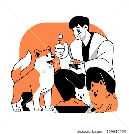 Man feeding cats and dogs Vector illustration in flat cartoon style Man feeding cats and dogs Vector illustration in flat cartoon style 109959965