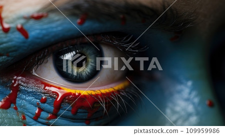 AI-generated content. A close up of a blue painted face with blood dripping down it, AI 109959986