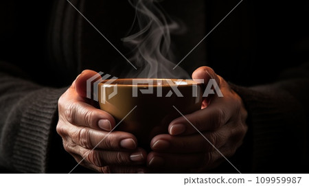 AI-generated content. A person holding a bowl of steaming hot soup , AI 109959987