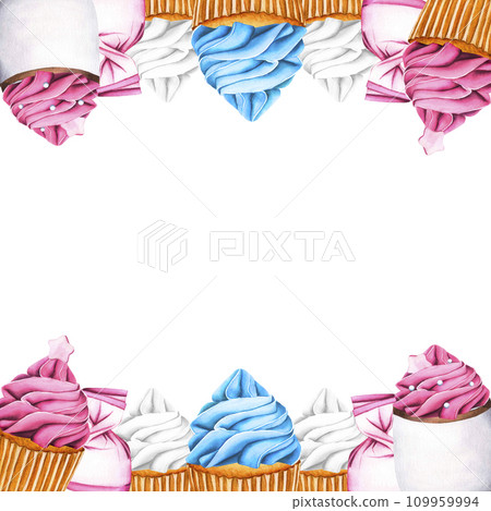 Frame. Sweet dessert ice creams, cupcake with pink berry cream and popsicle. Hot drink cup with whipped cream. Christmas marshmallow snow man. Watercolor illustration for Valentine's Day, or birthday Frame. Sweet dessert ice creams, cupcake with pink berry cream and popsicle. Hot drink cup with whipped cream. Christmas marshmallow snow man. Watercolor illustration for Valentine's Day, or birthday 109959994