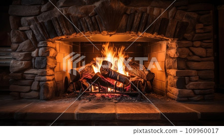 AI-generated content. A fireplace with logs burning in it and a fire place, AI 109960017