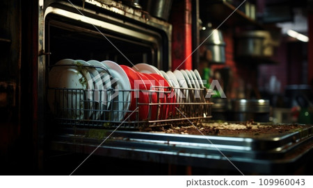 AI-generated content. A dishwasher with a rack full of dirty dishes in it, AI 109960043