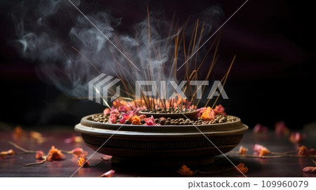 AI-generated content. A bowl filled with incense sticks and flowers on a table, AI 109960079