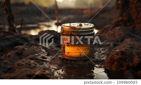 AI-generated content. A jar of a dirty container sitting in the mud, AI 109960085