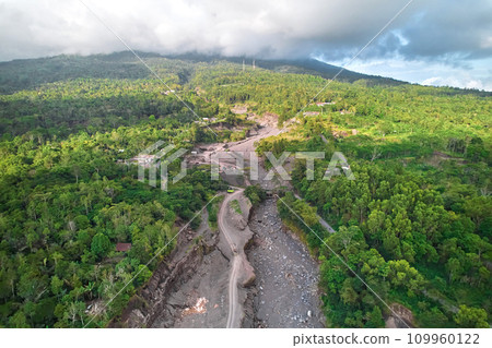 A beautiful valley under an active volcano. An old river made of ash and lava where minerals are mined. 109960122