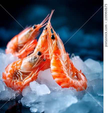 AI-generated content. Shrimp on ice on black background. Copy space. AI generated AI-generated content. Shrimp on ice on black background. Copy space. AI generated 109960675