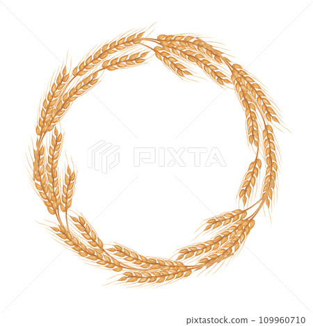 Round frame wreath wheat oats rye spike spikelets, cereal product. Agricultural botanical clipart. Hand drawn watercolor illustration isolated background. For Thanksgiving, Harvest Day, bakery. 109960710