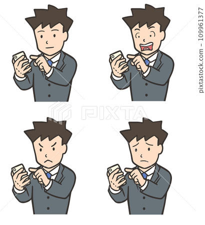 A man in a suit operating a smartphone, surprised face, angry face 109961377