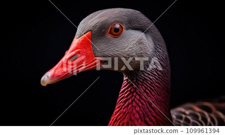 AI-generated content. A close up of a duck with red beak and orange eyes, AI AI-generated content. A close up of a duck with red beak and orange eyes, AI 109961394