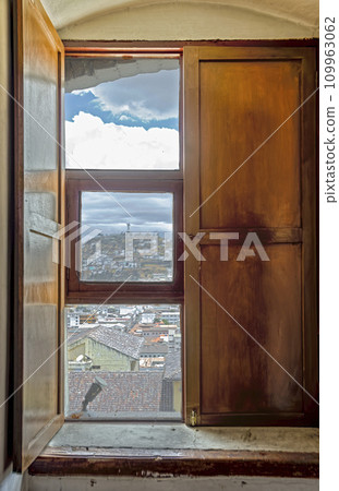 Close up of a wooden window sash in the interior of the Agustinas Monastery 109963062