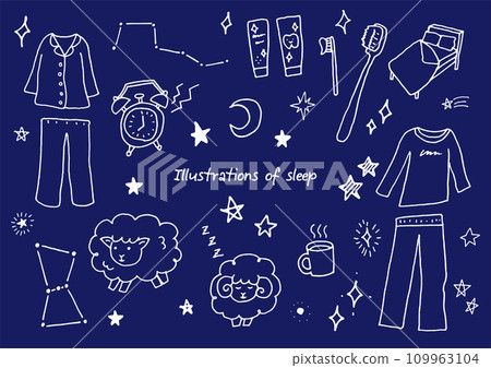 Sleep-related illustration doodle set drawn with a pen 109963104