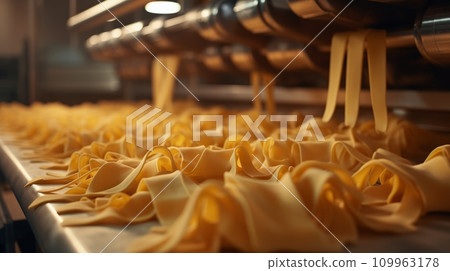 a bread production line in a factory, showing freshly baked bread rolls on a conveyor belt, with other machinery and equipment in the background.Background AI generated 109963178
