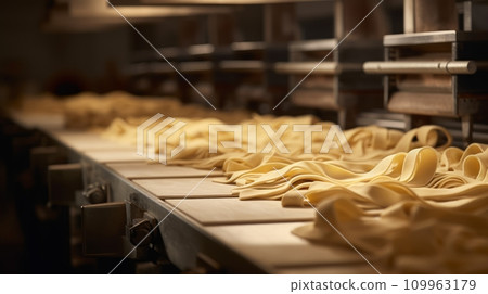 a bread production line in a factory, showing freshly baked bread rolls on a conveyor belt, with other machinery and equipment in the background.Background AI generated a bread production line in a factory, showing freshly baked bread rolls on a conveyor belt, with other machinery and equipment in the background.Background AI generated 109963179