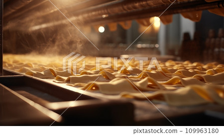 a bread production line in a factory, showing freshly baked bread rolls on a conveyor belt, with other machinery and equipment in the background.Background AI generated 109963180