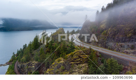 Sea to Sky Highway in Howe Sound. Aerial View Canadian Mountain Landscape on West Coast. 109963696