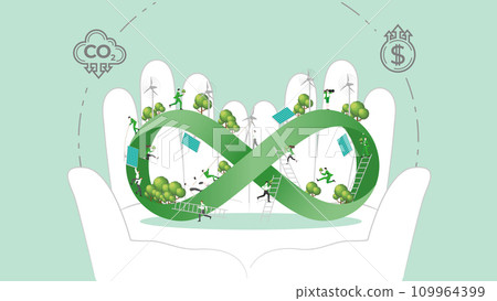 ESG sustainability policy in hand. Carbon credit calculate from reduce carbon footprint and carbon dioxide to carbon offset. Infinity in Hand. 109964399