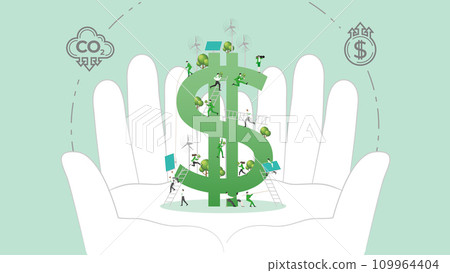 ESG sustainability policy in hand. Carbon credit calculate from reduce carbon footprint and carbon dioxide to carbon offset. Dollar in Hand. 109964404