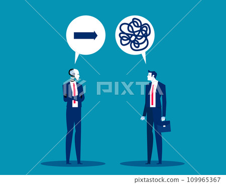 Robot offering guidance to Human confused about direction. Artificial intelligence business vector illustration 109965367