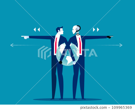 Robot and Human pushing different direction. Artificial intelligence business vector illustration Robot and Human pushing different direction. Artificial intelligence business vector illustration 109965369