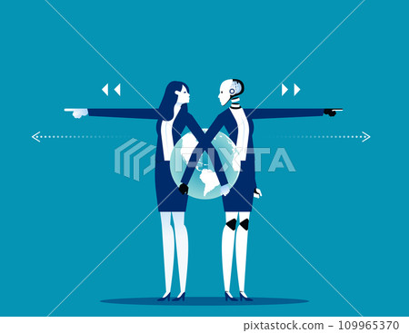 Robot and Human pushing different direction. Artificial intelligence business vector illustration 109965370