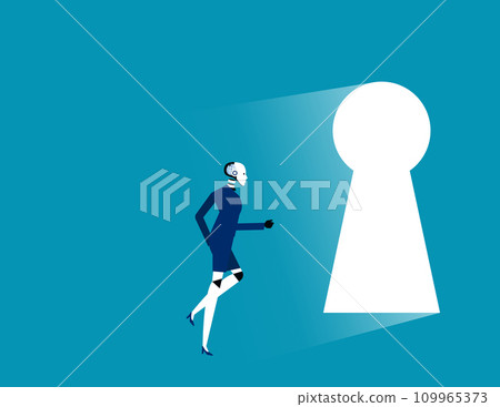 Robot running to large keyhole. Artificial intelligence business vector illustration 109965373