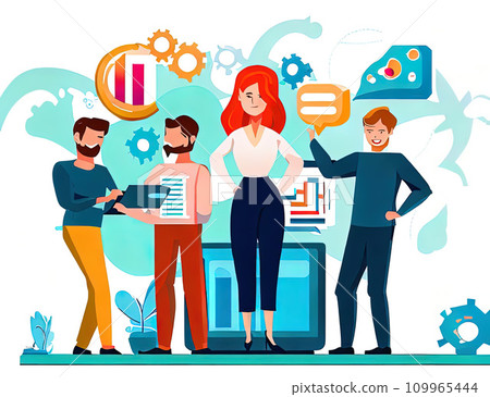 Digital marketing strategy team in Flat cartoon character graphic design  109965444