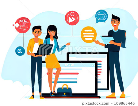 Digital marketing strategy team in Flat cartoon character graphic design  109965446