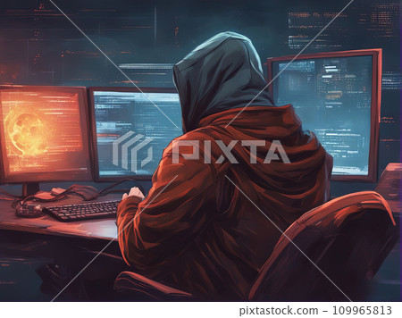 Hacker in hoodie in dark background  109965813