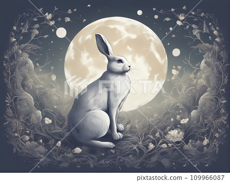 white rabbit in full moon shape background  109966087