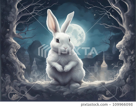 white rabbit in full moon shape background  109966098