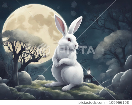 white rabbit in full moon shape background  109966108