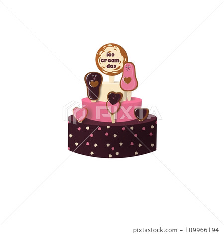 Isolated cake illustration for ice cream day holiday. Three tier cake with gingerbread in the form of popsicle. 109966194