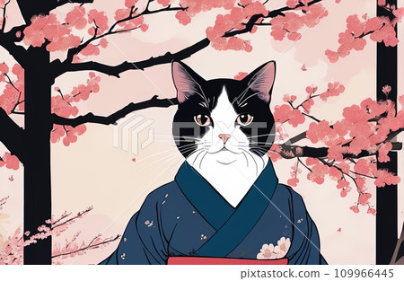 cat with kimono dress in ukiyoe style 109966445
