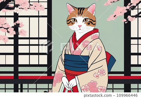 cat with kimono dress in ukiyoe style 109966446