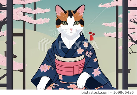 cat with kimono dress in ukiyoe style 109966456
