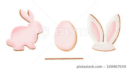 Gingerbread set: bunny shape, bunny ears and egg shape with wooden skewer. Looks good on stickers, kitchen textiles,greeting cards, wrapping paper. 109967039