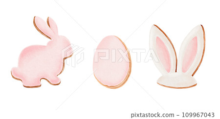 Gingerbread set: bunny shape, bunny ears and egg shape. Looks good on stickers, kitchen textiles,greeting cards, wrapping paper. 109967043