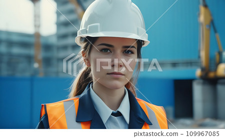 Young Adult construction workers woman in Reflective Clothing and Hard Hat. Generative AI Young Adult construction workers woman in Reflective Clothing and Hard Hat. Generative AI 109967085
