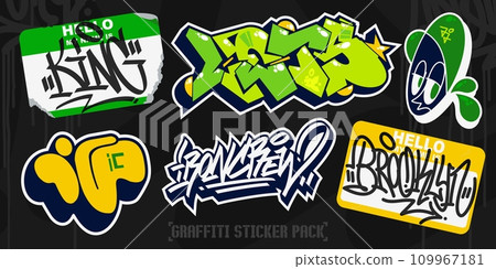 Green Abstract Colorful Urban Graffiti Style Sticker Bombing With Some Street Art Lettering Set 109967181