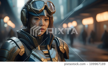 3D rendering of a female cyborg in a futuristic city. Generative AI 109967189