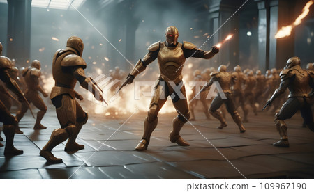 3D rendering of a group of fantasy warriors fighting in a dark room. Generative AI 109967190