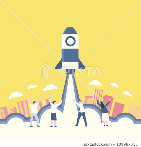 Businessmen looking up at startup rocket 109967313