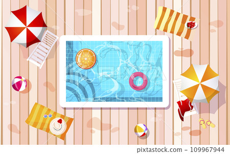 Pool top view. Nearby sun loungers, balloons, a place to relax, vacation, summer 109967944
