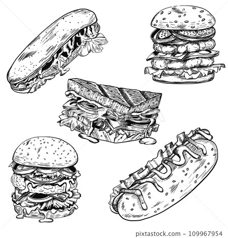 Sketch of set of burger, cheeseburger, sandwich, hot dogs Sketch of set of burger, cheeseburger, sandwich, hot dogs 109967954