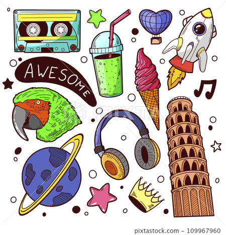 Doodle stickers. Hand drawn set with cassette, cup of tea, matcha, balloon, ice cream cone, parrot, headphones, planet, stars, crown, tower of Pisa Doodle stickers. Hand drawn set with cassette, cup of tea, matcha, balloon, ice cream cone, parrot, headphones, planet, stars, crown, tower of Pisa 109967960