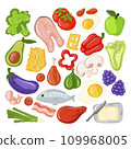 Set of products for the keto diet. Meat, fish, vegetables, oils, nuts, eggs. Ketogenic diet products on a white background. A set of healthy food. 109968005