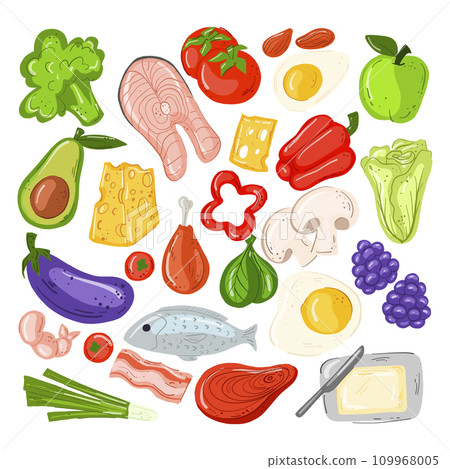 Set of products for the keto diet. Meat, fish, vegetables, oils, nuts, eggs. Ketogenic diet products on a white background. A set of healthy food. Set of products for the keto diet. Meat, fish, vegetables, oils, nuts, eggs. Ketogenic diet products on a white background. A set of healthy food. 109968005