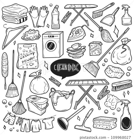 Hand drawn set of cleaning equipments, sponge, spray, broom, bucket. Doodle sketch style. Clean Tools Banner Hand drawn Line art style. 109968027