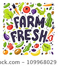 Set with hand drawn colorful doodle fruits and vegetables.Farm fresh hand drawn illustration with typography. Salads, tomatoes, carrot design elements 109968029